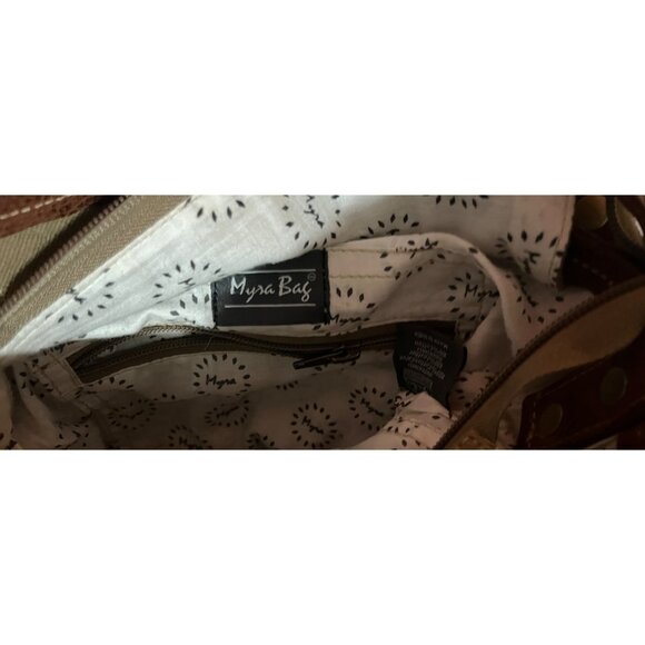 Myra Brown & Beige Boho Crossbody Bag Geometric Pattern Adjustable Strap Leather - Picture 11 of 14